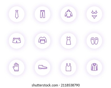 clothes purple color outline vector icons on light round buttons with purple shadow. clothes icon set for web, mobile apps, ui design and print
