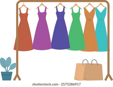 clothes rack, with dresses, shopping bag and plant, illustration
