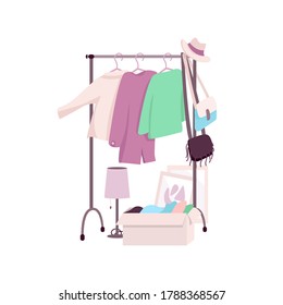 Clothes rack flat color vector object. Womens wardrobe. Resale. Second hand. Zero waste. Used and upcycled clothing isolated cartoon illustration for web graphic design and animation
