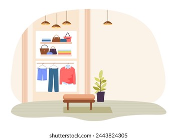 Clothes rack with jeans, shorts and pullover, shelves with bags and accessoires. Vector illustration. Clothes strore interior design. Shopping concept