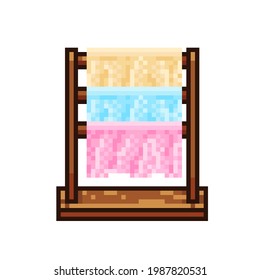 Clothes rack placed on the floor, pixel art. Wooden clothes rack pixel art. Towel rack pixel art. Clothes line. Vector illustration. Standing Towel Rack. Towel pixel art.