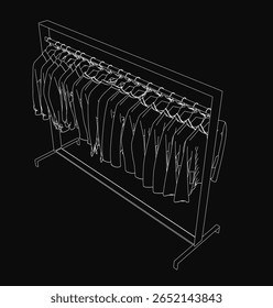 A clothes rack with various garments hanging neatly against a sleek black background. The line drawing features clean outlines and minimalist style, ideal for fashion or retail concepts.