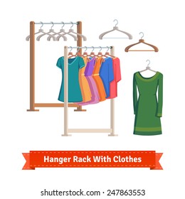 Clothes racks with dresses on hangers. Flat style illustration or icon. EPS 10 vector.