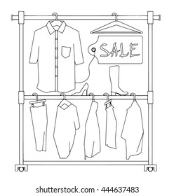 Clothes racks with dresses on hangers. Flat vector illustration outline. (Can be used as texture for cards, invitations, DIY projects, web sites or for any other design.)