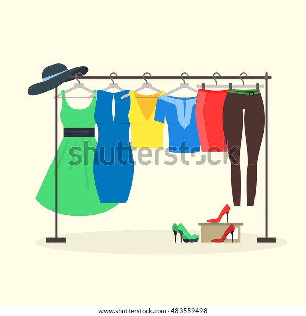 女性のいる服置き場はハンガーに掛ける 女の子服セットのフラットデザインスタイル ドレス 靴 パンツ スカート 買い物用のベクターイラスト ハンガーと服用の小さなラック のベクター画像素材 ロイヤリティフリー