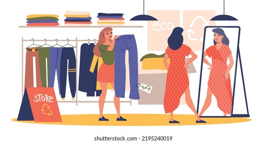 Clothes recycling background with new things symbols flat vector illustration