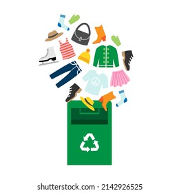 Bac de recyclage des vêtements. Illustration vectorielle du recyclage de textiles.