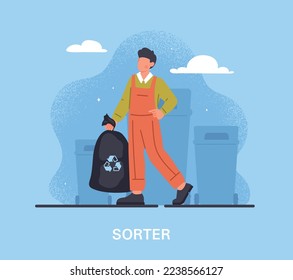 Clothes recycling infographic. Man with black bag for recycling and reuse. Responsible society, reducing emissions of harmful substances. Poster or banner for website. Cartoon flat vector illustration