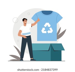 Clothes in recycling. Man takes out T shirt with symbol of reuse from box, reducing waste and releasing harmful substances into atmosphere, zero waste concept. Cartoon flat vector illustration
