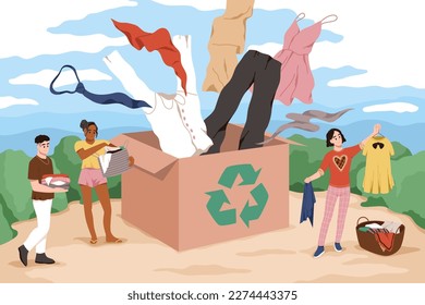 Clothes recycling. Textiles things donation, container for collecting old wears, happy people give away dresses and trousers, cartoon flat illustration, zero waste, tidy vector concept