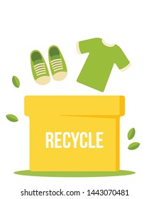 Clothes recycling vector illustration. Flat style image of textile recycle box, t-shirt and shoes. Isolated on white background. Ecology, zero waste concept. 