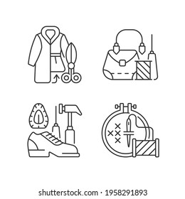 Clothes Repair Linear Icons Set. Fur Outerwear Resizing. Leather Bag And Accessories Fix. Customizable Thin Line Contour Symbols. Isolated Vector Outline Illustrations. Editable Stroke