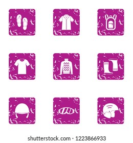 Clothes for riding icons set. Grunge set of 9 clothes for riding vector icons for web isolated on white background