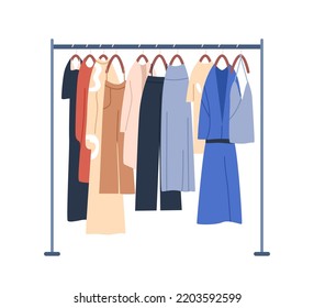 Ropa que se arroja con hilera de prendas colgando de las perchas. Disposición del guardarropa y del raíl de almacenamiento. Soporte de metal para almacenamiento de verano. Ilustración vectorial plana aislada en fondo blanco