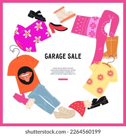 Clothes sale or swap party, garage sale banner or poster design with assorted clothes and footwear, flat vector illustration on white background. Template of banner or card, flyer.