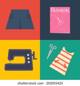 Clothes and sawing kit. Flat retro design. Vector illustration