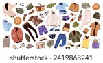 Clothes set in casual style for men. Fashion trendy clothing, accessories, underwear, shoes, hats for spring, summer and vacation. isolated flat vector illustrations on white background.