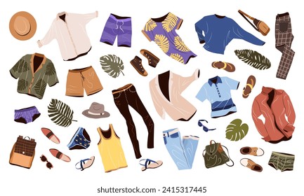 Ropa de estilo informal para hombres. Ropa de moda, accesorios, zapatos, sombreros para primavera, verano y vacaciones. ilustraciones de vector plano aisladas sobre fondo blanco.