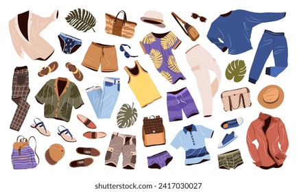 Ropa de estilo informal para hombres. Ropa de moda, accesorios, zapatos, sombreros para primavera, verano y vacaciones. ilustraciones de vector plano aisladas sobre fondo blanco.