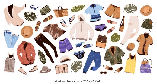 Ropa de estilo informal para hombres. Ropa de moda, accesorios, ropa interior, zapatos, sombreros para primavera, verano y vacaciones. ilustraciones de vector plano aisladas sobre fondo blanco.