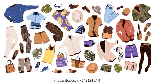 Clothes set in casual style for men. Fashion trendy clothing, accessories, underwear, shoes, hats for spring, summer and vacation. isolated flat vector illustrations on white background.