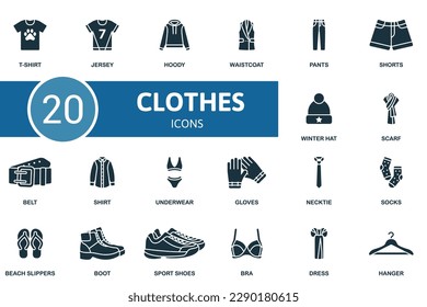 Clothes set. Creative icons: t-shirt, jersey, hoody, waistcoat, pants, shorts, winter hat, scarf, belt, shirt, underwear, gloves, necktie, socks, beach slippers, boot, sport shoes, bra, dress, hanger.