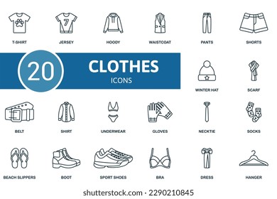 Clothes set. Creative icons: t-shirt, jersey, hoody, waistcoat, pants, shorts, winter hat, scarf, belt, shirt, underwear, gloves, necktie, socks, beach slippers, boot, sport shoes, bra, dress, hanger.