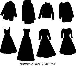 clothes set, dresses silhouette isolated, vector