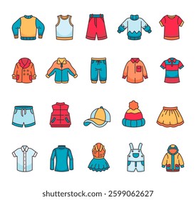 Clothes set featuring a variety of stylish fashion wear, including sweaters, jackets, shirts, pants, skirts, dresses, and accessories in a modern outline design for casual and formal style