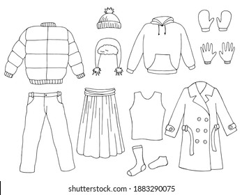 Clothes set graphic black white isolated sketch illustration vector