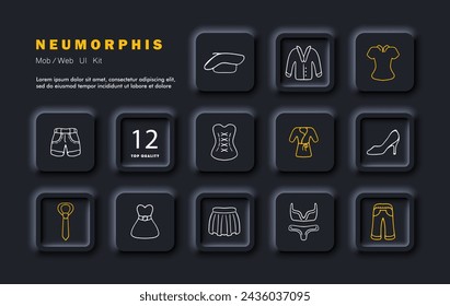 Clothes set icon. Beret, corset, tuxedo, shirt, shorts, tie, skirt. underwear, dresses, pants, robe, heels. Fashion, modern clothing concept. Neomorphism style. Vector line icon