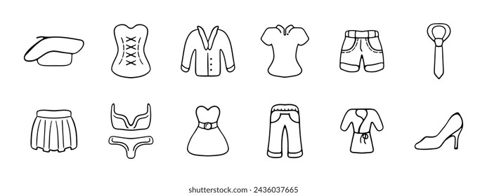 Clothes set icon. Beret, corset, tuxedo, shirt, shorts, tie, skirt. underwear, dresses, pants, robe, heels. Fashion, modern clothing concept. Vector line icon on white background.