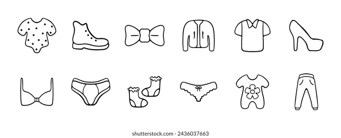 Clothes set icon. Nightie, shoes, shoes, bow tie, windbreaker, shirt, T shirt, shoes, bra, briefs, socks, children clothing, sweatpants. Fashion, modern clothing concept. Vector line icon.