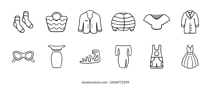 Clothes set icon. Socks, bag, tuxedo, jacket, poncho, coat, glasses, sandals, dress, work clothes, loose fit. Fashion, modern clothing concept. Vector line icon on white background.