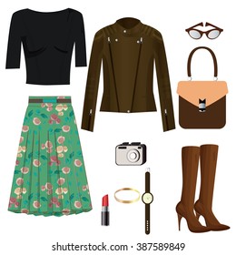 Clothes set illustration.  Women vintage clothes.