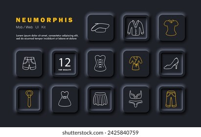 Clothes set line icon. Beret, jacket, shorts, corset, robe, heel, tie, skirt, underwear, jeans. Neomorphism style. Vector line icon for business and advertising