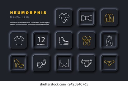 Clothes set line icon. Children's clothing, bow tie, shirt, T-shirt, sneakers, jeans, heels, bra, underwear. Neomorphism style. Vector line icon for business and advertising