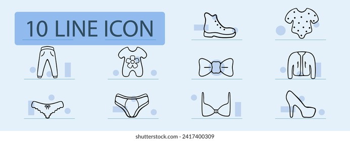 Clothes set line icon. Dress, sundress, shoes, socks, robe, jeans, heels, overalls, shirt, underwear, bra, shoes. Pastel color background Vector line icon for business and advertising