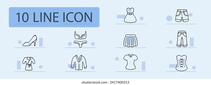 Clothes set line icon. Dress, sundress, overalls, shoes, socks, shirt, underwear, bra, shoes. Pastel color background. Vector line icon for business and advertising