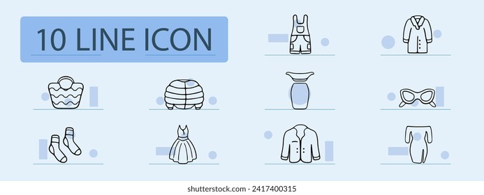 Clothes set line icon. Dress, sundress, robe, jeans, heels, overalls, shoes, socks, shirt, underwear, bra, shoes. Pastel color background Vector line icon for business and advertising