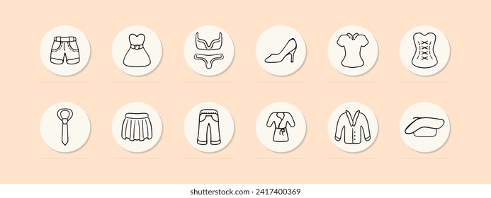 Clothes set line icon. Dress, sundress, robe, jeans, heels, overalls, shoes, socks, shirt, underwear, bra, shoes. Pastel color background Vector line icon for business and advertising