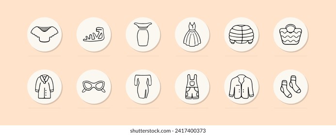 Clothes set line icon. Dress, sundress, overalls, shoes, socks, shirt, underwear, bra, shoes. Pastel color background. Vector line icon for business and advertising