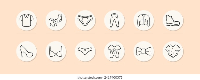 Clothes set line icon. Dress, sundress, shoes, socks, robe, jeans, heels, overalls, shirt, underwear, bra, shoes. Pastel color background Vector line icon for business and advertising