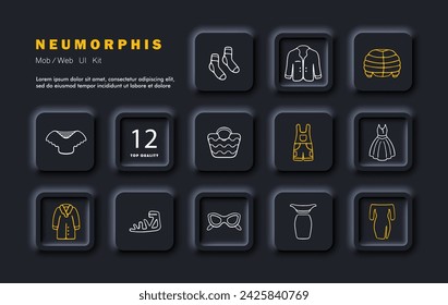 Clothes set line icon. Socks, jacket, puffy jacket, handbag, apron, dress, coat, glasses, sandals. Neomorphism style. Vector line icon for business and advertising