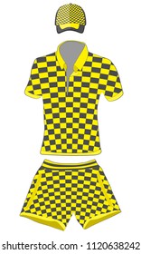 clothes set: polo shirt, baseball cap and shorts black and yellow colors. vector drawing illustration