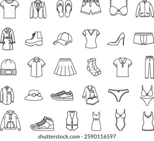 Clothes Set. Vector Illustrations T-shirt, Pants, Sneakers, Suit, Jacket, Socks, Pajamas, Shorts, Dress, Skirt, Cap, Coat, Boots, Bra, Panties, and Others