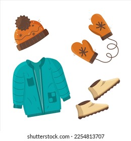 Clothes set winter and autumn. Jacket, orange mittens, cap, biege cropped boots. Vector illustration. Flat style. Big sales, discounts, warming. Print, cover, stickers, poster,