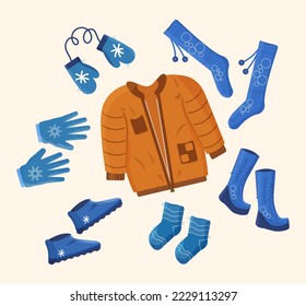 Clothes set winter and autumn. Mittens, gloves, boots, socks, stockings, jackett Vector illustration. Blue, orange colors. Flat style. Big sales, discounts, warming. Accessories for cold season.