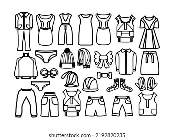 Clothes, a set of women's and men's things, freehand drawing, with a black stroke, on a transparent background, for design and coloring for children