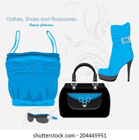 Clothes, shoes and accessories. Stylish collection. Vector